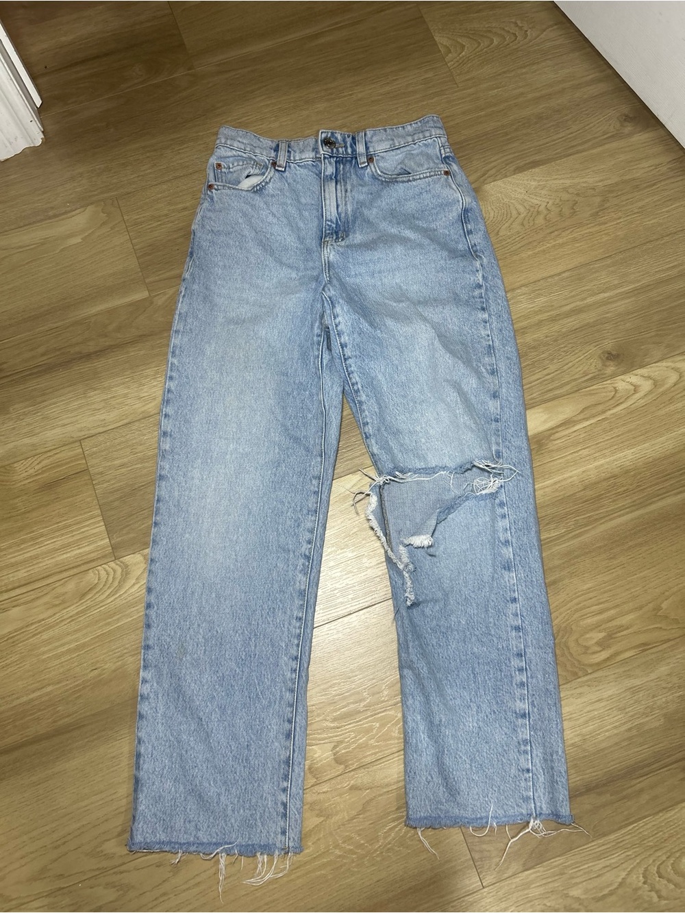 Garage Light Blue Straight Leg Jeans with Distressed Knee
